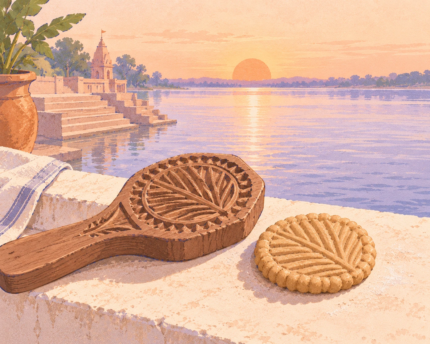 Illustration: a carved wooden thekua mould and a pressed thekua on a ledge by the river, with the sun rising over the ghat